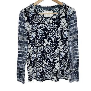 Cino Womens Long Sleeve Crew Neck Tee Small Blue Floral Cotton Boho